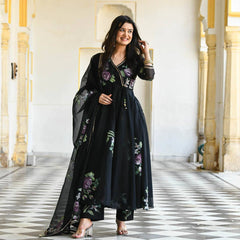 Bollywood Indian Pakistani Ethnic Party Wear Women Soft Pure Tubby Organza Black Brush Paint Suit Dress With Dupatta