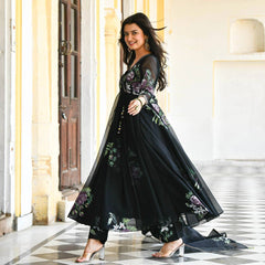 Bollywood Indian Pakistani Ethnic Party Wear Women Soft Pure Tubby Organza Black Brush Paint Suit Dress With Dupatta