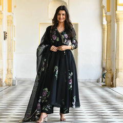 Bollywood Indian Pakistani Ethno Party Wear Damen Weicher reiner Tubby Organza Schwarz Pinselfarbe Anzug Kleid mit Dupatta