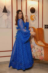 Bollywood Indian Pakistani Ethnic Party Wear Women Soft Pure Georgette Blue Leheriya Belt Blue Maxi Dress