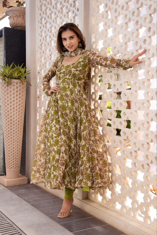 Bollywood Indische Pakistanische Ethnische Party Tragen Frauen Weicher Reiner Kunst Georgette Blumenanzug Kurta &amp; Dupatta Kleid