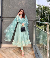 Bollywood Indische Pakistanische Ethno Party Wear Damen Weiche Reine Chanderi Baumwolle Anarkali Kleid