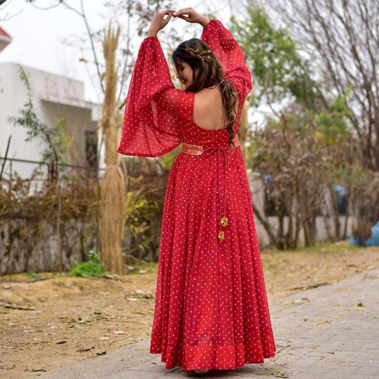 Bollywood Indian Pakistani Ethnic Party Wear Women Soft Pure Georgette Bandhej Belt Red Maxi Dress