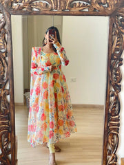 Болливудская индийская пакистанская этническая праздничная одежда женская мягкая чистая органза с цветочным принтом анаркали с платьем дупатта
