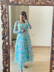 Bollywood Indische Pakistanische Ethno Party Wear Damen Weiche Reine Organza Floral Anarkali Mit Dupatta Kleid