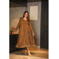 Bollywood Indian Pakistani Ethnic Party Wear Women Soft Pure Rayon Mustard Maxi Dress With Dupatta