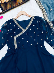 Bollywood Indische Pakistanische Ethnische Party Tragen Frauen Weiche Reine Georgette Blau Anarkali Dupatta Unteres Kleid