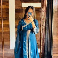 Bollywood Indische Pakistanische Ethnische Party Tragen Frauen Weiche Reine Georgette Blau Anarkali Dupatta Unteres Kleid