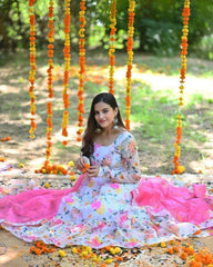 Bollywood Indische Pakistanische Ethno Party Wear Damen Weiche Reine Kunst Georgette Rosa Ringelblume Anarkali Mit Dupatta Kleid