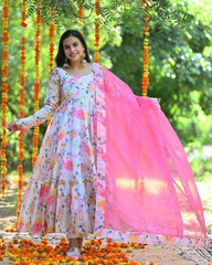 Bollywood Indische Pakistanische Ethno Party Wear Damen Weiche Reine Kunst Georgette Rosa Ringelblume Anarkali Mit Dupatta Kleid