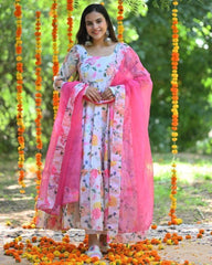 Bollywood Indische Pakistanische Ethno Party Wear Damen Weiche Reine Kunst Georgette Rosa Ringelblume Anarkali Mit Dupatta Kleid