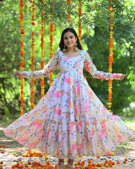 Bollywood Indische Pakistanische Ethno Party Wear Damen Weiche Reine Kunst Georgette Rosa Ringelblume Anarkali Mit Dupatta Kleid