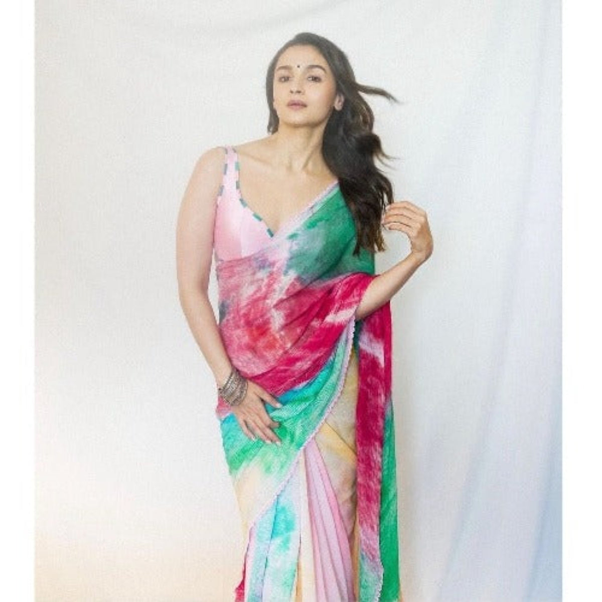 Bollywood, indische, pakistanische, ethnische Partykleidung, weicher reiner Chinon, Sari für Damen und Mädchen