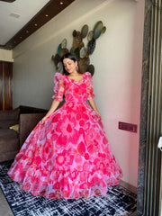 Bollywood Indian Pakistani Ethnic Party Wear Women Soft Pure Organza Ruby Pink Floral Maxi Dress