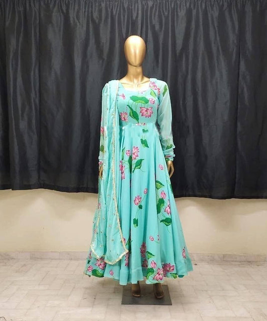 Bollywood Indische Pakistanische Frauen Ethnische Party Tragen Weiche Reine Gedruckte Georgette Maxi Kleid