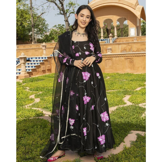 Bollywood Indische Pakistanische Ethno Party Wear Weiche Reine Tubby Organza Lotus Schwarz Pinsel Farbe Anzug Maxi Kleid