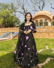 Bollywood Indische Pakistanische Ethno Party Wear Weiche Reine Tubby Organza Lotus Schwarz Pinsel Farbe Anzug Maxi Kleid