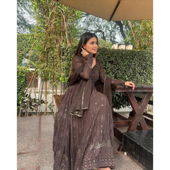 Bollywood Indische Pakistanische Frauen Ethnische Party Tragen Weiche Reine Georgette Braun Chikankari Anarkali Dupatta Kleid