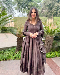 Bollywood Indische Pakistanische Frauen Ethnische Party Tragen Weiche Reine Georgette Braun Chikankari Anarkali Dupatta Kleid