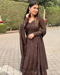 Bollywood Indian Pakistani Women Ethnic Party Wear Soft Pure Georgette Brown Chikankari Anarkali Dupatta Dress