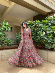 Bollywood Indische Pakistanische Frauen Ethnische Party Tragen Weiche Reine Georgette Schwarz Kalamkari Maxi Kleid