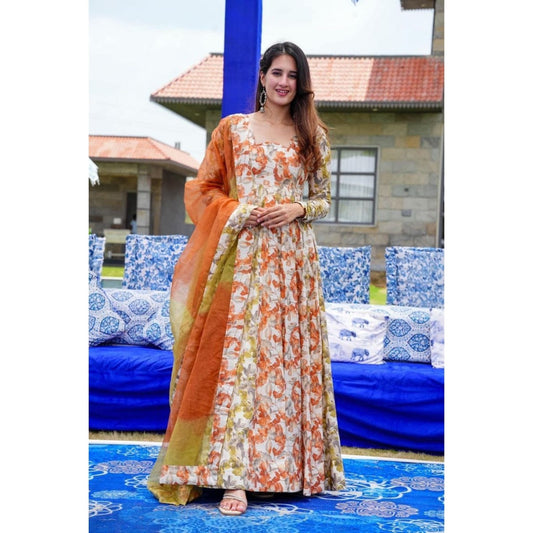 Bollywood Indian Pakistani Ethnic Party Wear Soft Pure Muslin Orange Yellow Outfit Dress