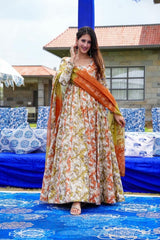 Bollywood Indische Pakistanische Ethno Party Wear Weiches reines Musselin Orange Gelb Outfit Kleid