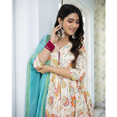 Bollywood Indische Pakistanische Ethno Party Wear Weiche Reine Kunst Georgette Creme Floral Anarkali Mit Dupatta Kleid