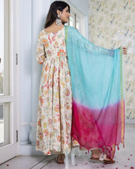 Bollywood Indische Pakistanische Ethno Party Wear Weiche Reine Kunst Georgette Creme Floral Anarkali Mit Dupatta Kleid