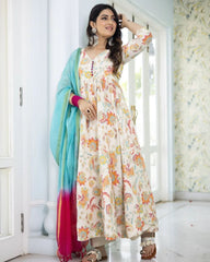 Bollywood Indische Pakistanische Ethno Party Wear Weiche Reine Kunst Georgette Creme Floral Anarkali Mit Dupatta Kleid