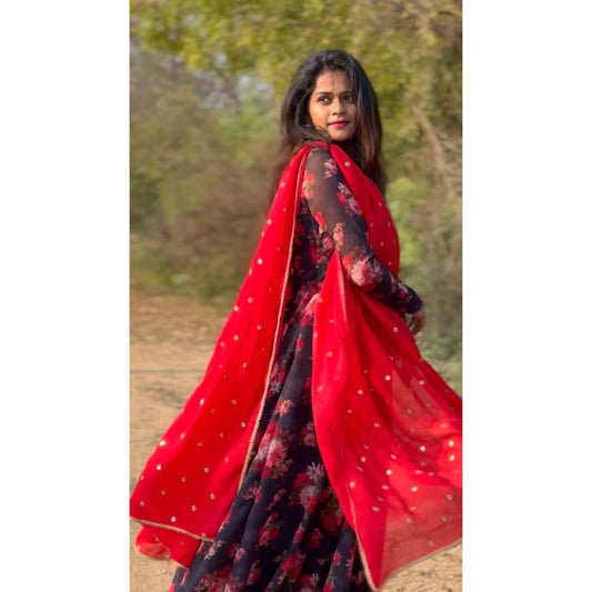 Bollywood, indisch-pakistanisch, ethnische Partykleidung, weiches reines Georgette-Kunst-Anarkali mit Dupatta-Kleid