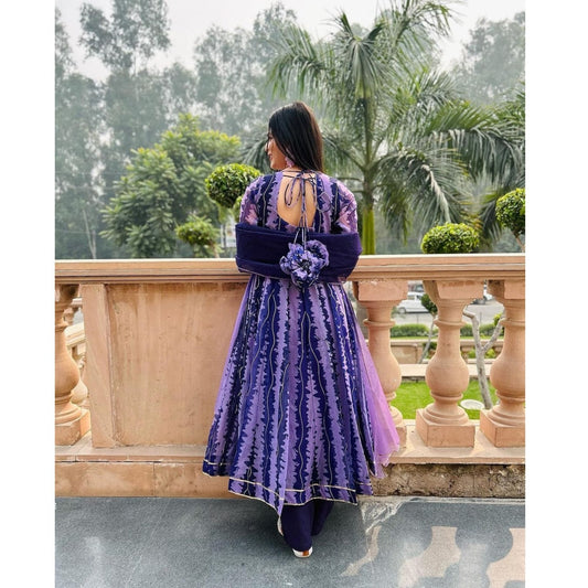 Bollywood Indian Pakistani Ethnic Party Wear Soft Pure Purple Zig Zag Tubby Organza Suit Dress