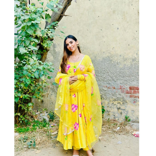 Bollywood Indian Pakistani Ethnic Party Wear Soft Pure Organza Yellow Maxi Dress