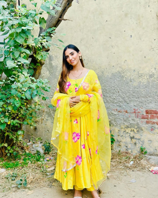 Bollywood Indian Pakistani Ethnic Party Wear Soft Pure Organza Yellow Maxi Dress