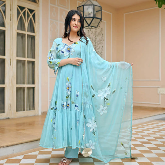 Bollywood Indische Pakistanische Ethnische Party Tragen Weiche Reine Tubby Organza Himmel Blau Anzug Kleid