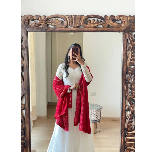 Bollywood Indian Pakistani Ethnic Party Wear Soft Pure Georgette Anarkali Dress Red & White With All Over Embroidery Dupatta