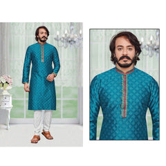 Bollywood Indian Pakistani Ethnic Party Wear Soft Pure Silk Jequard Men Kurta Cotton Pyjama