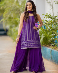 Bollywood Indian Pakistani Ethnic Party Wear Soft Pure Georgette Purple Sequence Sharara Plazzo Set Dupatta Set Dress