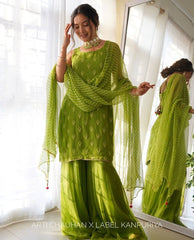 Bollywood Indische Pakistanische Ethnische Party Tragen Weiche Reine Grün Ton Georgette Sharara Set Kleid