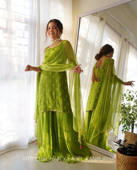 Bollywood Indische Pakistanische Ethnische Party Tragen Weiche Reine Grün Ton Georgette Sharara Set Kleid