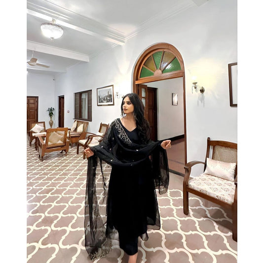 Bollywood Indian Pakistani Ethnic Party Wear Soft Pure Georgette Black Arco Suit  Outfit Dress