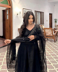 Bollywood Indische Pakistanische Ethno Party Wear Weicher reiner Georgette Schwarz Arco Anzug Outfit Kleid