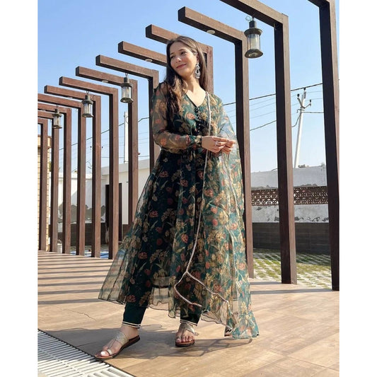 Bollywood Indian Pakistani Ethnic Party Wear Soft Pure Green Floral Organza Maxi Suit Dress