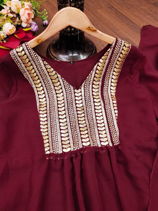 Bollywood Indian Pakistani Women Ethnic Party Wear Soft Pure Georgette Maroon Patch Work Dress