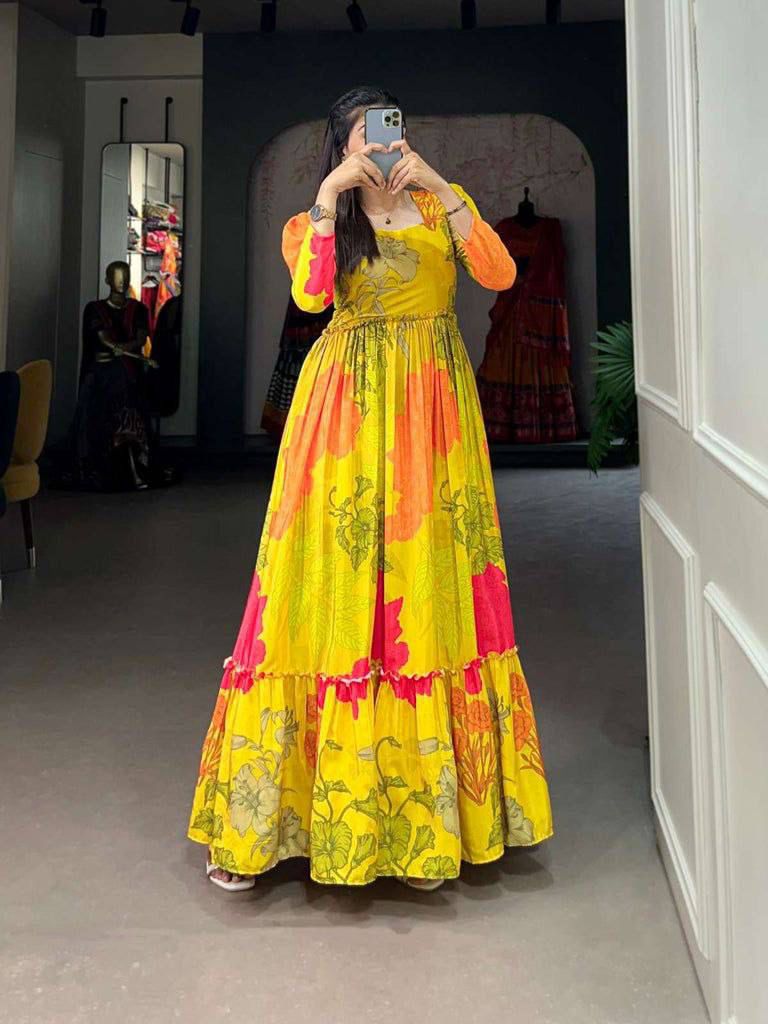 Bollywood Indian Pakistani Ethnic Party Wear Women Soft Pure Silk Crepe Printed Long Dress