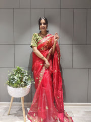 Bollywood Indian Pakistani Ethnic Party Wear Women Soft Pure Red Premium Organza Silk Saree/Sari