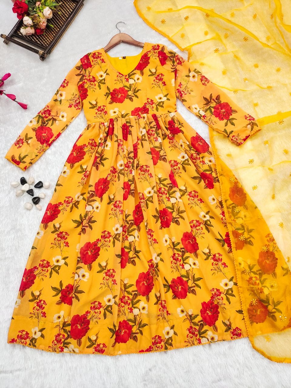 Bollywood Indian Pakistani Ethnic Party Wear Women Soft Pure Yellow Floral Faux Georgette Gown with Embroidery Organza Dupatta