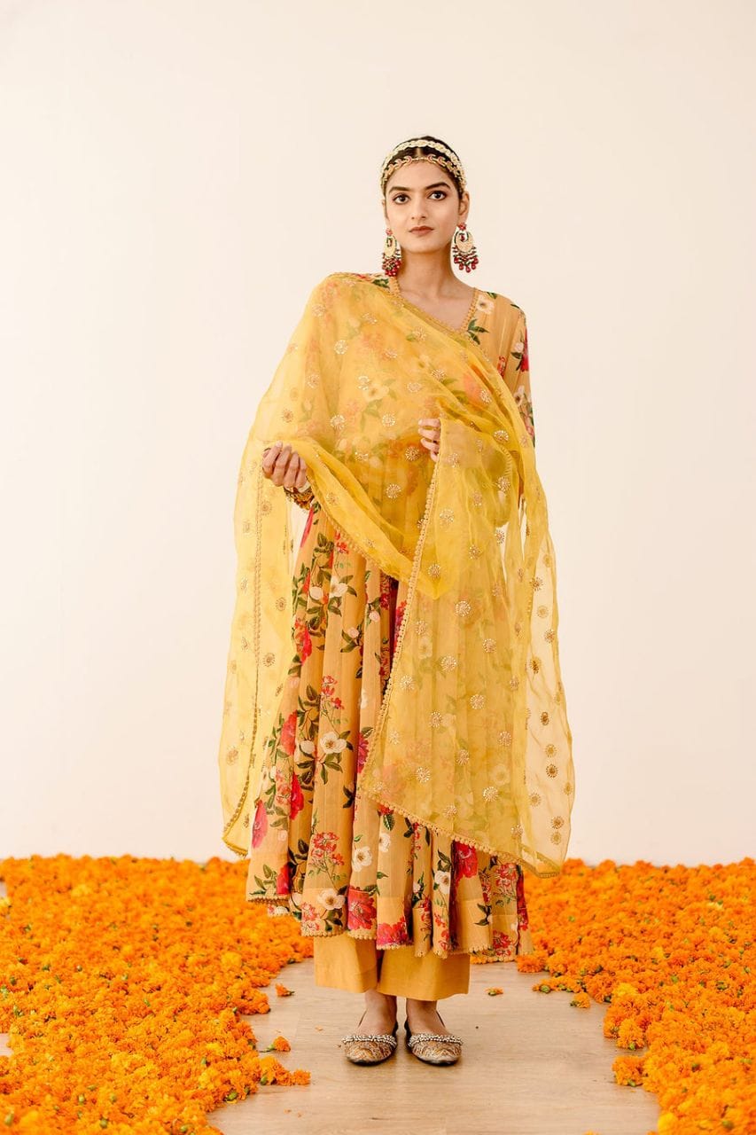 Bollywood Indian Pakistani Ethnic Party Wear Women Soft Pure Yellow Floral Faux Georgette Gown with Embroidery Organza Dupatta