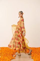 Bollywood Indian Pakistani Ethnic Party Wear Women Soft Pure Yellow Floral Faux Georgette Gown with Embroidery Organza Dupatta