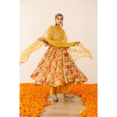 Bollywood Indian Pakistani Ethnic Party Wear Women Soft Pure Yellow Floral Faux Georgette Gown with Embroidery Organza Dupatta